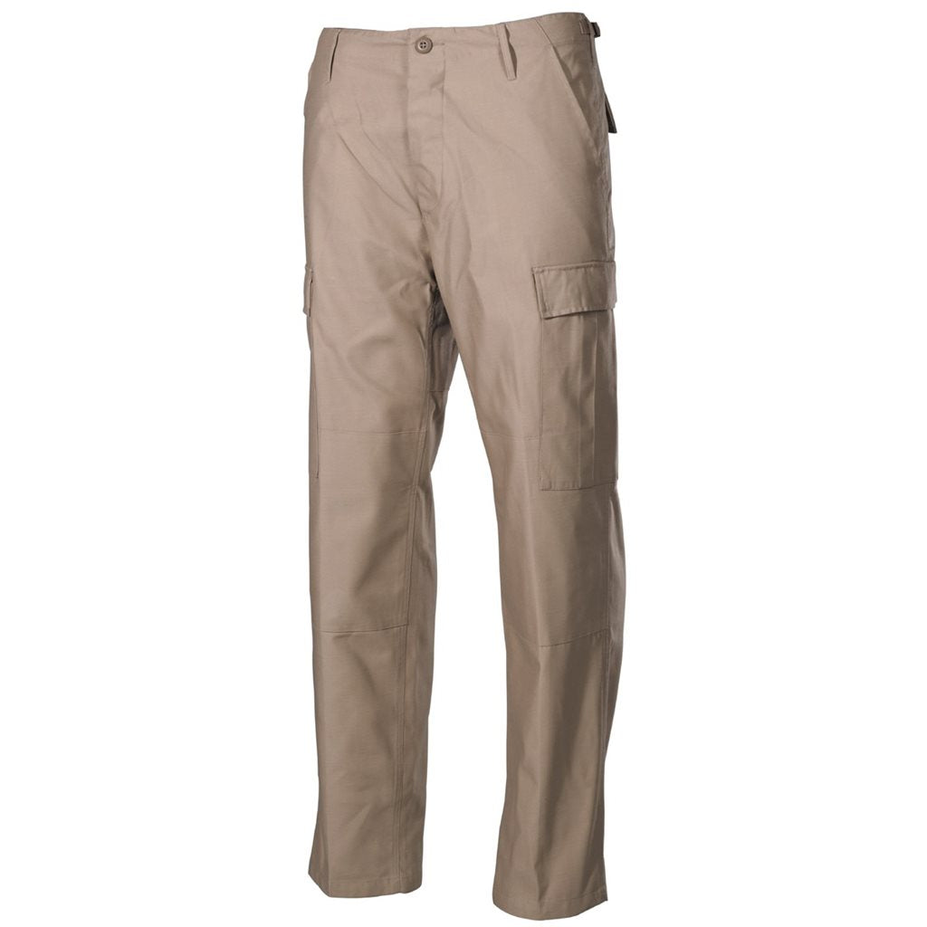 Pantalones BDU color arena, 65% poliéster 35% algodón, costuras reforzadas