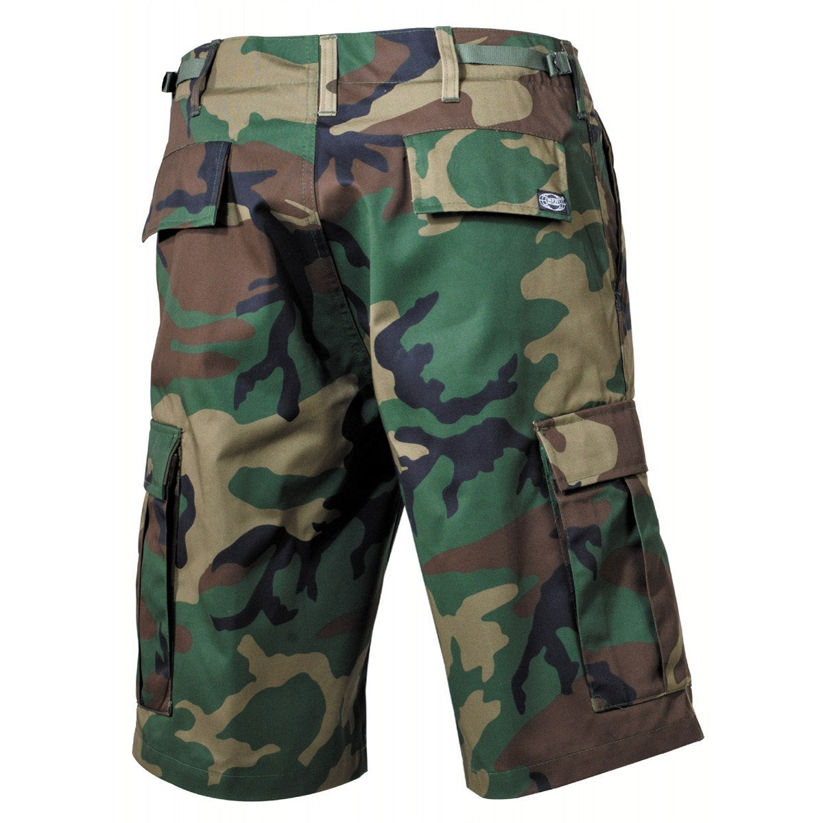 Pantalones cortos BDU Woodland camuflaje con bolsillos laterales, 65% poliéster 35% algodón