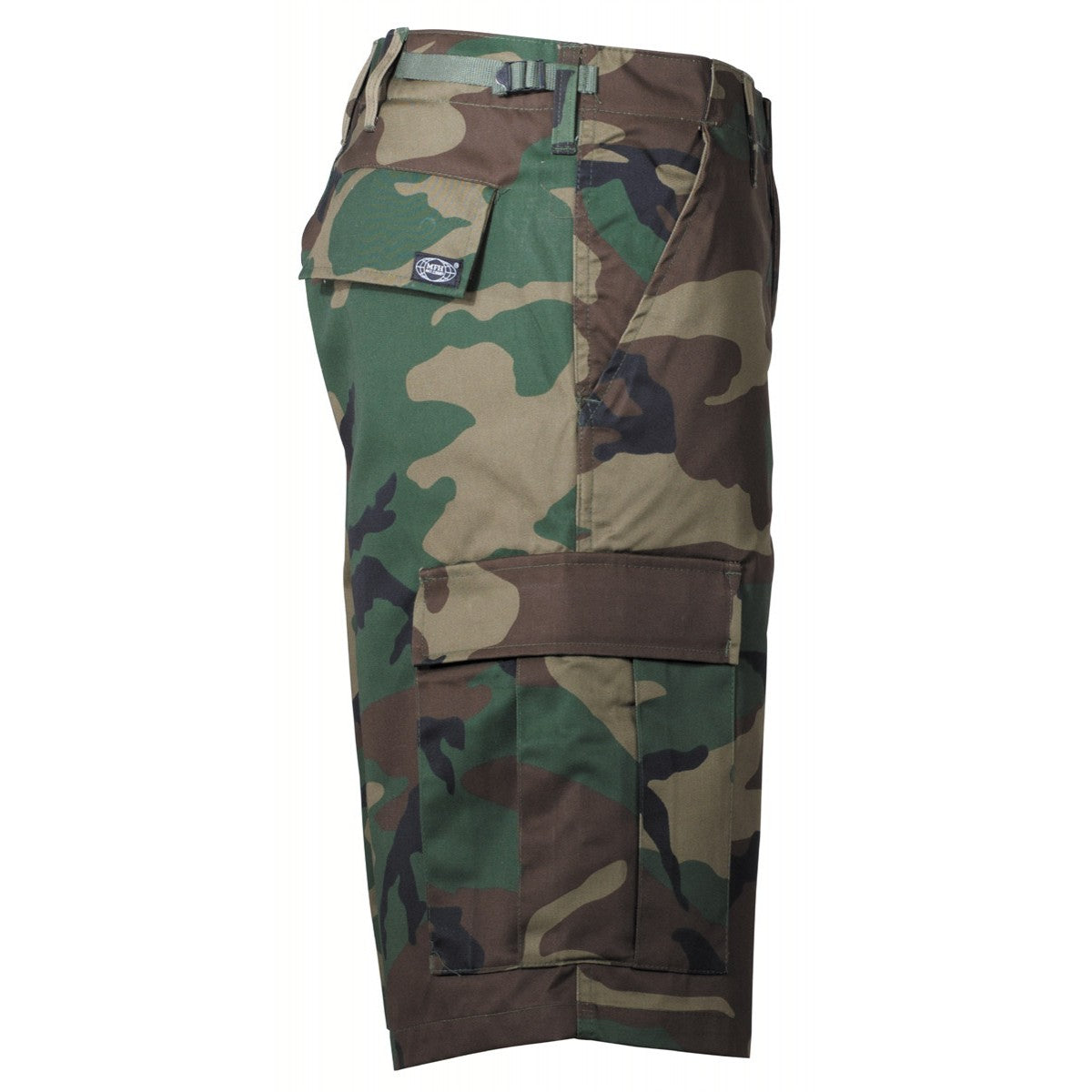 Pantalones cortos BDU Woodland camuflaje con bolsillos laterales, 65% poliéster 35% algodón