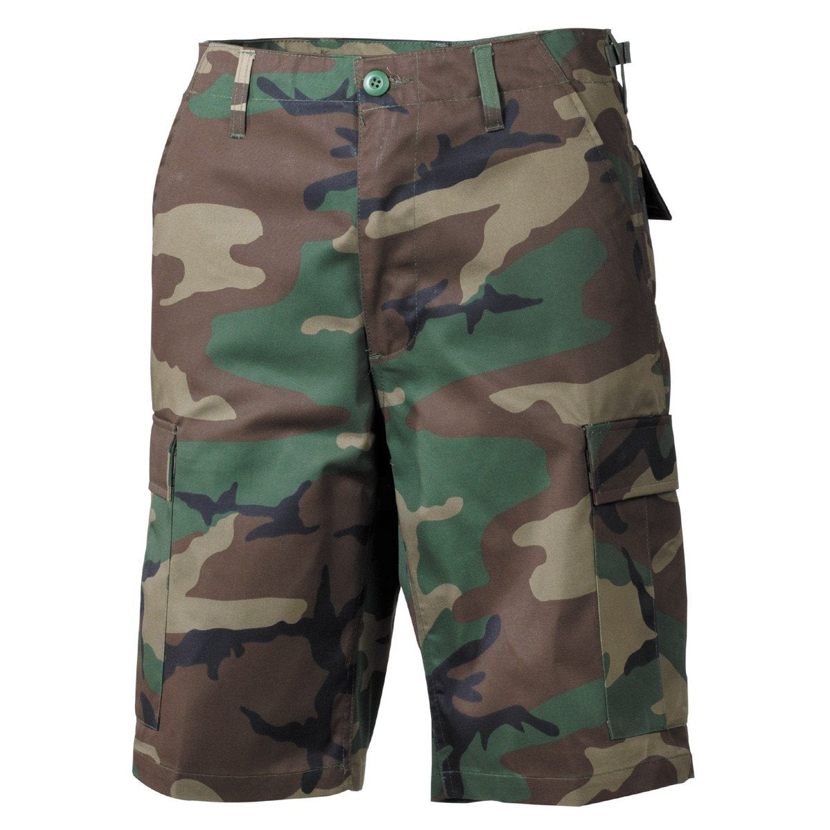 Pantalones cortos BDU Woodland camuflaje con bolsillos laterales, 65% poliéster 35% algodón