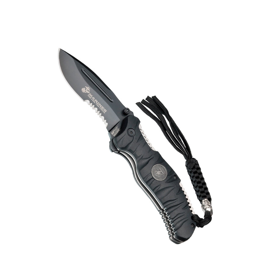 Navaja plegable USMC REAPER negra, hoja combinada, acero 440, mango nylon gomado, longitud 21 cm