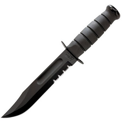 Cuchillo de combate KA-BAR con filo parcialmente serrado y funda de plástico Foliage Green