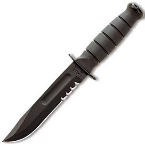 Cuchillo FIGHTING/UTILITY SHORT con filo parcialmente serrado y funda de cuero