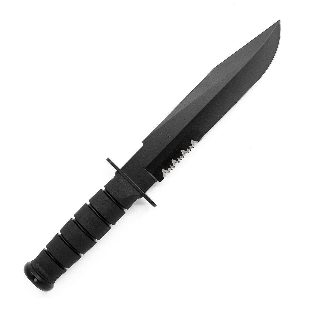 Cuchillo FIGHTER con hoja combinada negra, acero 1095 y mango Kraton G con funda negra