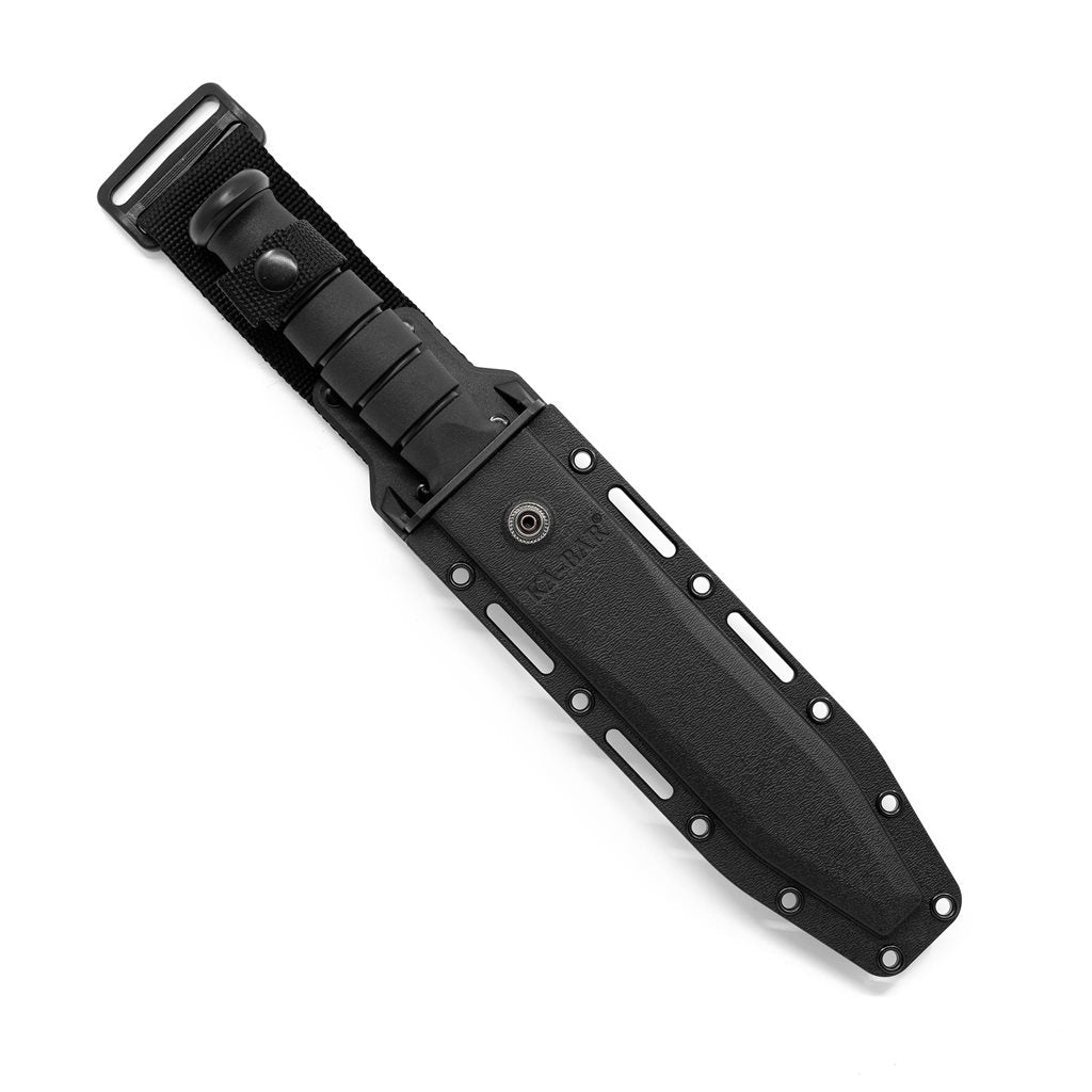 Cuchillo FIGHTER con hoja combinada negra, acero 1095 y mango Kraton G con funda negra
