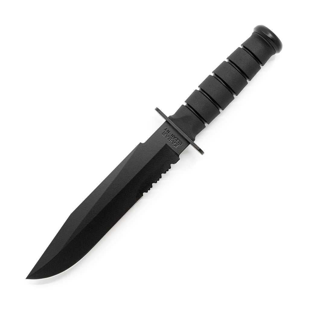 Cuchillo FIGHTER con hoja combinada negra, acero 1095 y mango Kraton G con funda negra