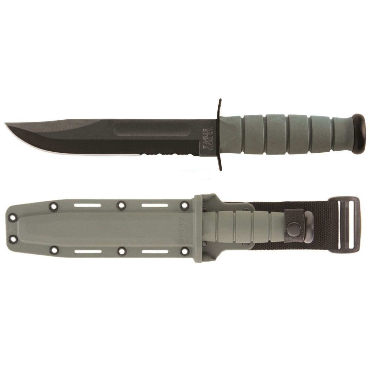 Cuchillo de combate KA-BAR con filo parcialmente serrado y funda de plástico Foliage Green