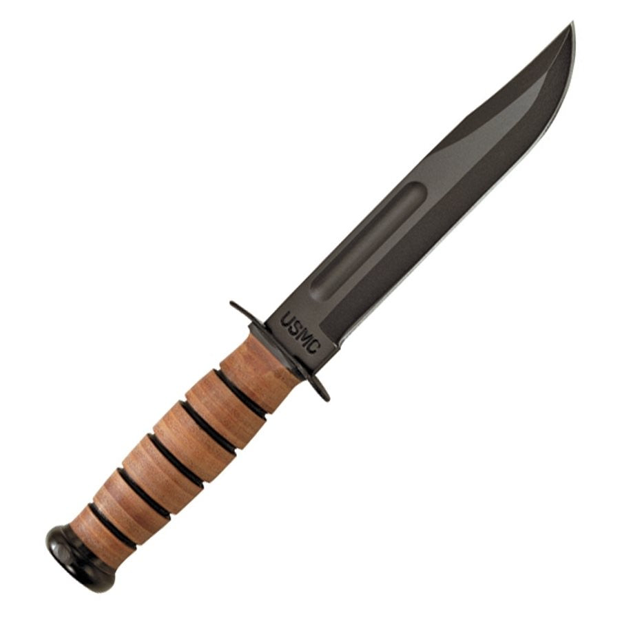 Cuchillo USMC negro con hoja recta de 17,8 cm y mango de cuero pulido