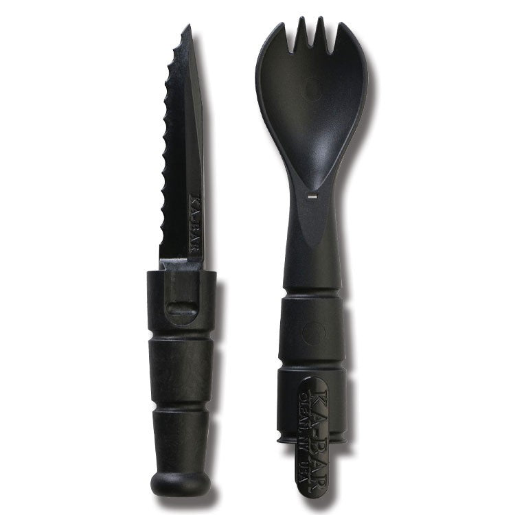 Cuchara táctica negra 3 en 1: cuchara, tenedor y cuchillo táctico