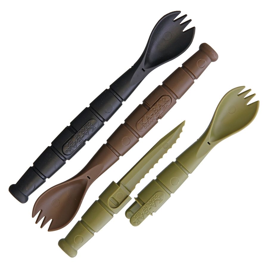 Cuchara y tenedor tácticos con cuchillo oculto, pack oscuro de 3 unidades (Grilamid)