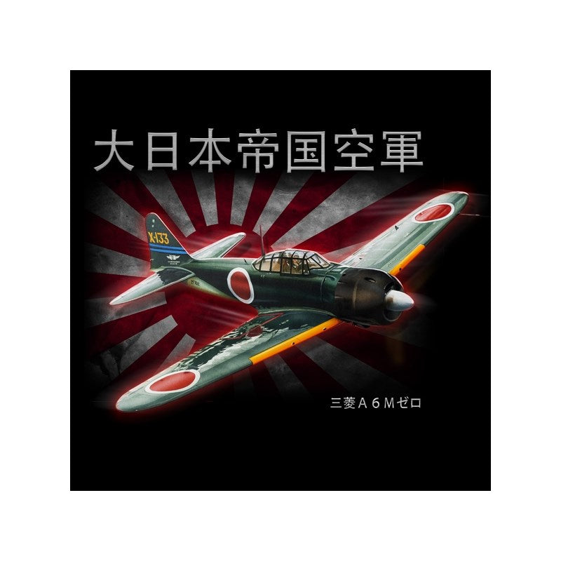 Camiseta manga corta con estampado a todo color del avión Mitsubishi A6M Zero y textos en japonés
