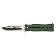 Navaja mariposa verde 02130 con hoja de acero inoxidable y mango de aluminio camuflaje