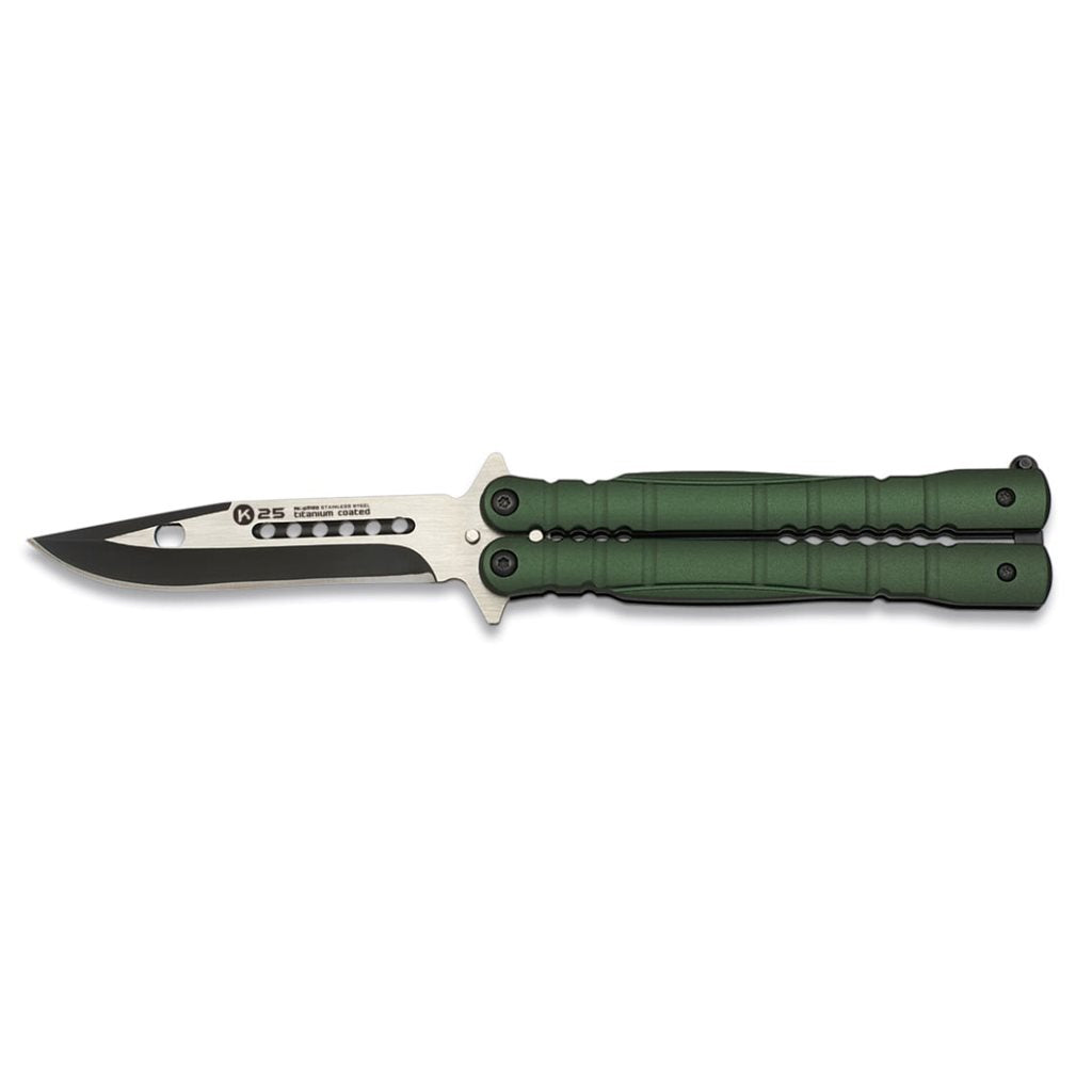 Navaja mariposa verde 02130 con hoja de acero inoxidable y mango de aluminio camuflaje