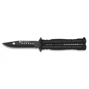 Navaja mariposa 02131 negra con hoja de acero inoxidable y empuñadura de aluminio en camuflaje