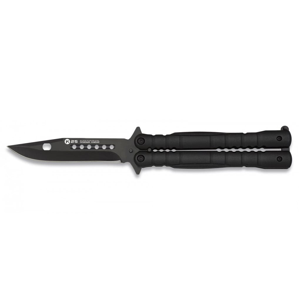 Navaja mariposa 02131 negra con hoja de acero inoxidable y empuñadura de aluminio en camuflaje