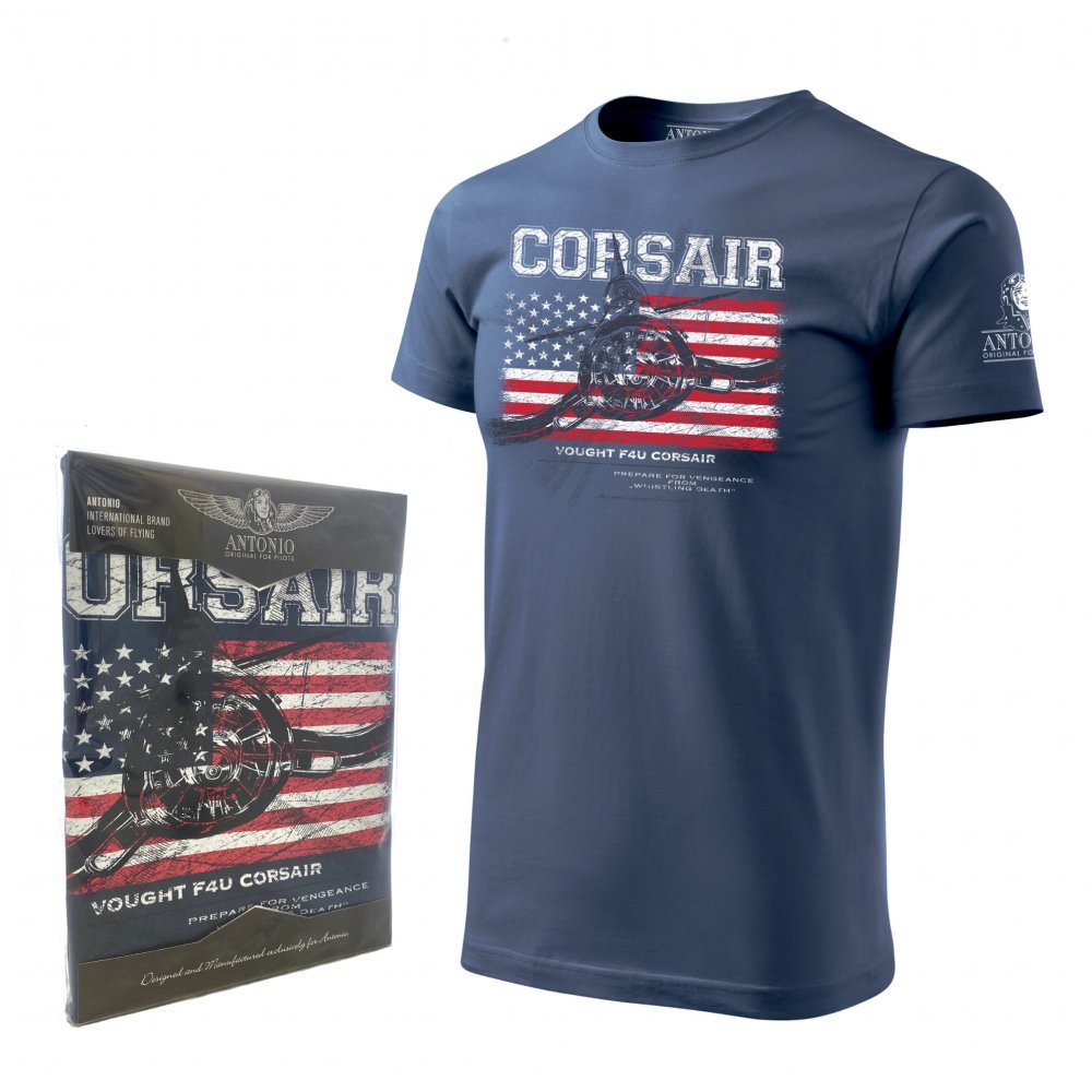Camiseta azul con estampado del caza F4U Corsair