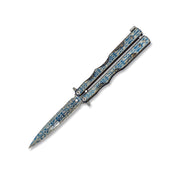 Navaja mariposa RAIN BLUE con ornamentos azul y plateado y seguro ajustable