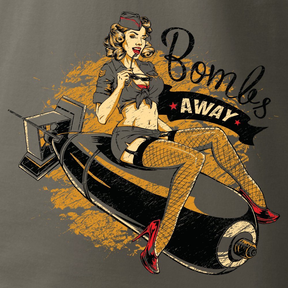 Camiseta BOMBS AWAY gris verdoso con estampado Pin-up de chica sentada en una bomba