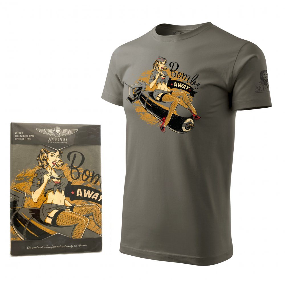 Camiseta BOMBS AWAY gris verdoso con estampado Pin-up de chica sentada en una bomba