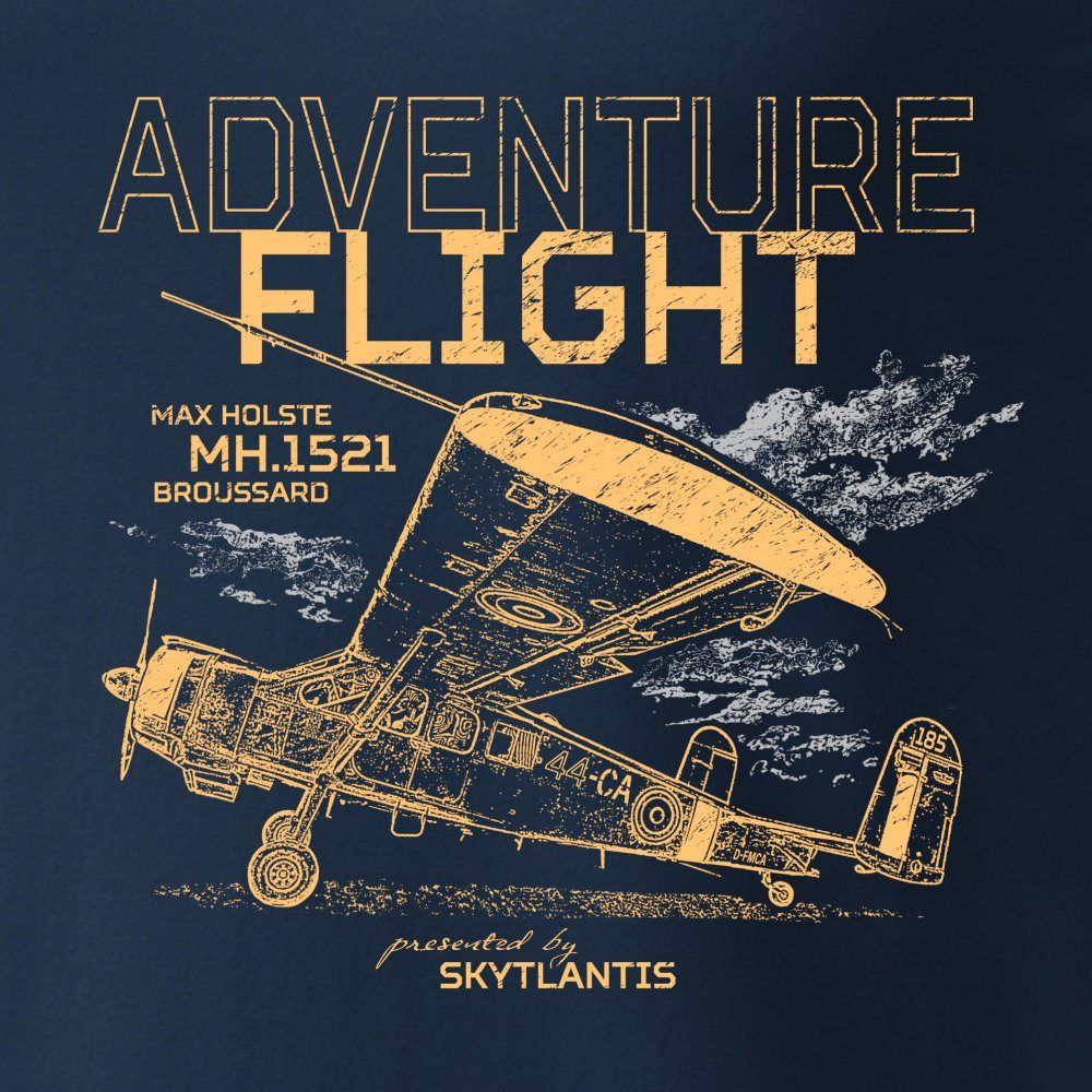Camiseta azul ADVENTURE FIGHT con motivo del avión Max Holste MH.1521 Broussard