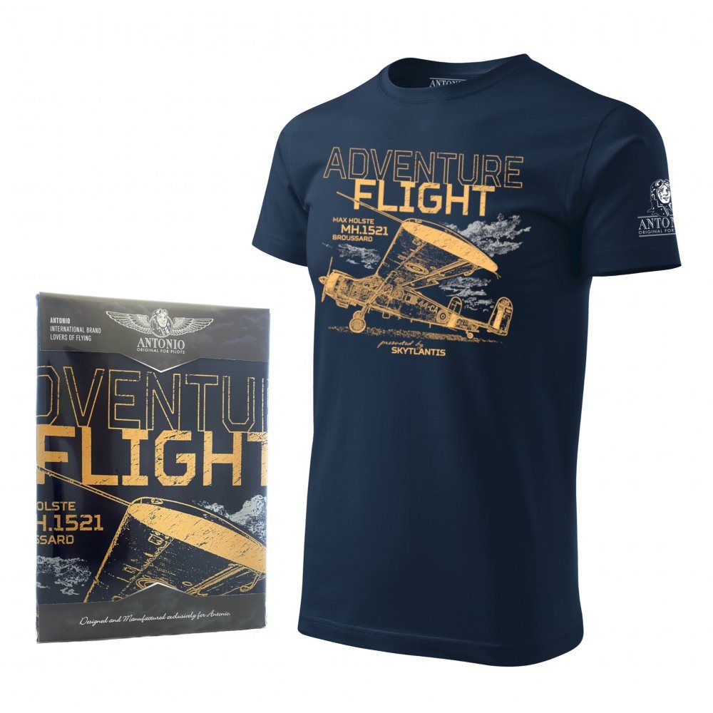 Camiseta azul ADVENTURE FIGHT con motivo del avión Max Holste MH.1521 Broussard