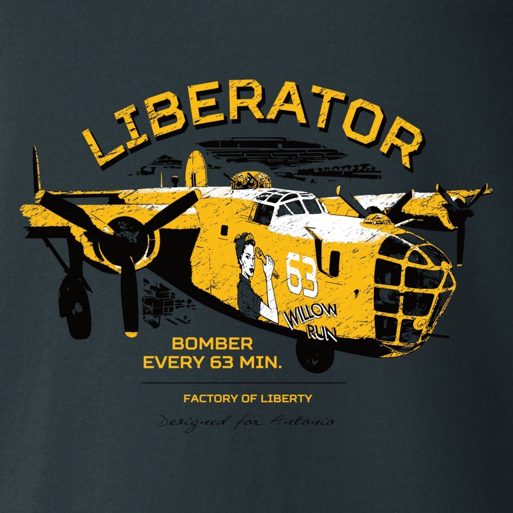 Camiseta gris IBERATOR WIOW RUN con motivo de la fábrica Willow Run (bombardero Liberator)