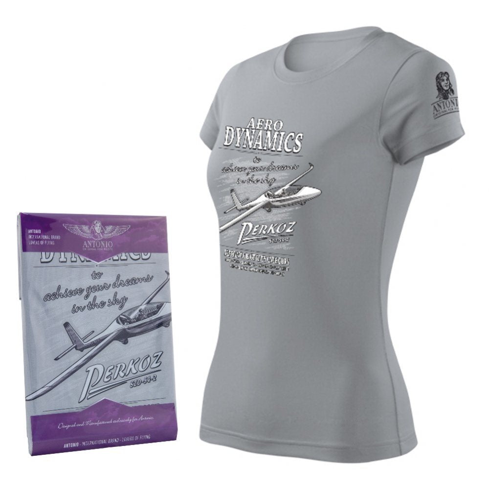 Camiseta femenina gris con estampado del planeador SZD-54-2 PERKOZ