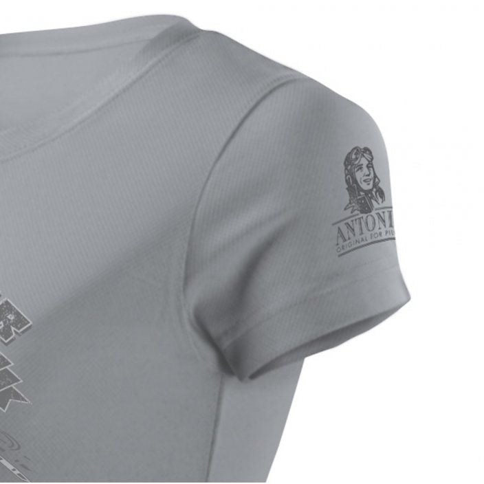 Camiseta mujer gris con helicóptero ROBINSON R-44 y homenaje a Jennifer Murray