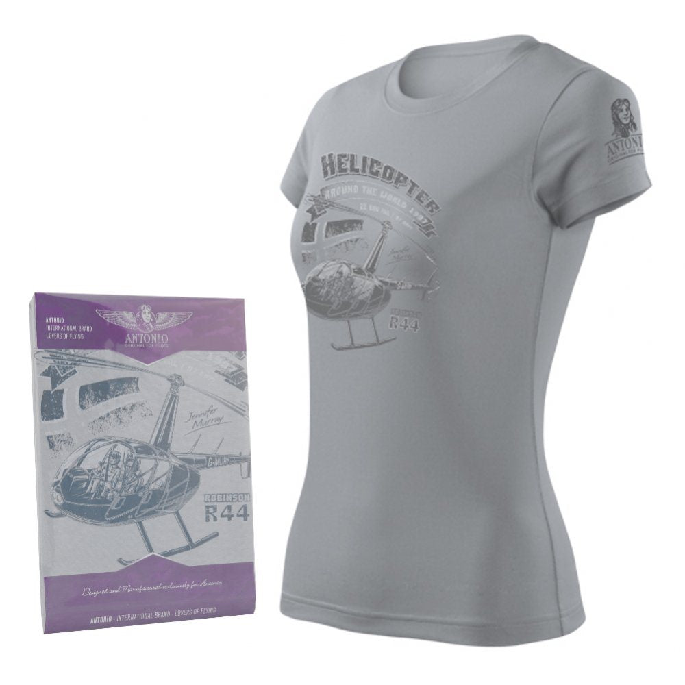 Camiseta mujer gris con helicóptero ROBINSON R-44 y homenaje a Jennifer Murray