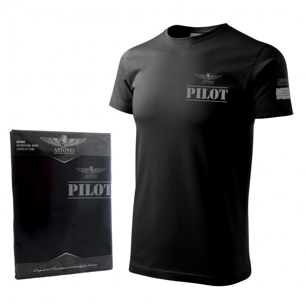 Camiseta negra de manga corta con estampado 'PILOT' estilo aviación