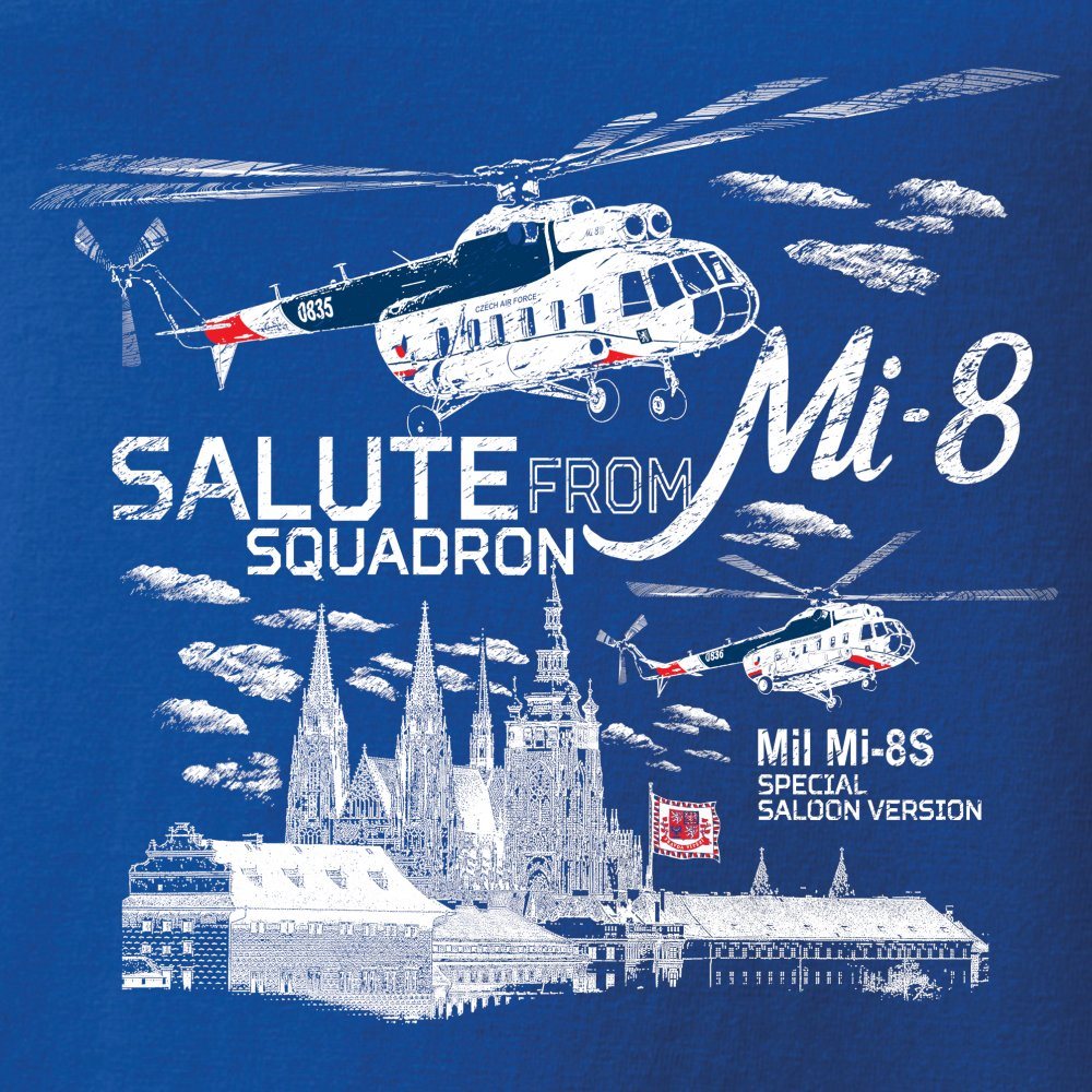 Camiseta azul Mi-8 SALUTE con estampado del vuelo de la escuadrilla Mi-8 sobre el Castillo de Praga
