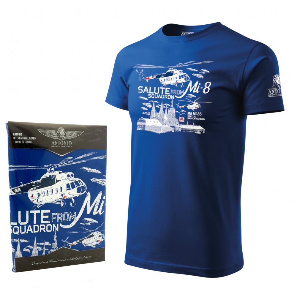 Camiseta azul Mi-8 SALUTE con estampado del vuelo de la escuadrilla Mi-8 sobre el Castillo de Praga