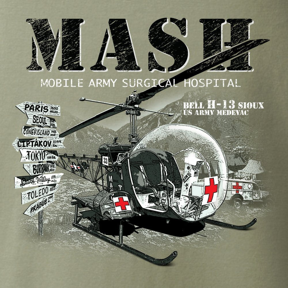 Camiseta BELL H-13 MASH verde con diseño del helicóptero Sioux, algodón 200 g/m²