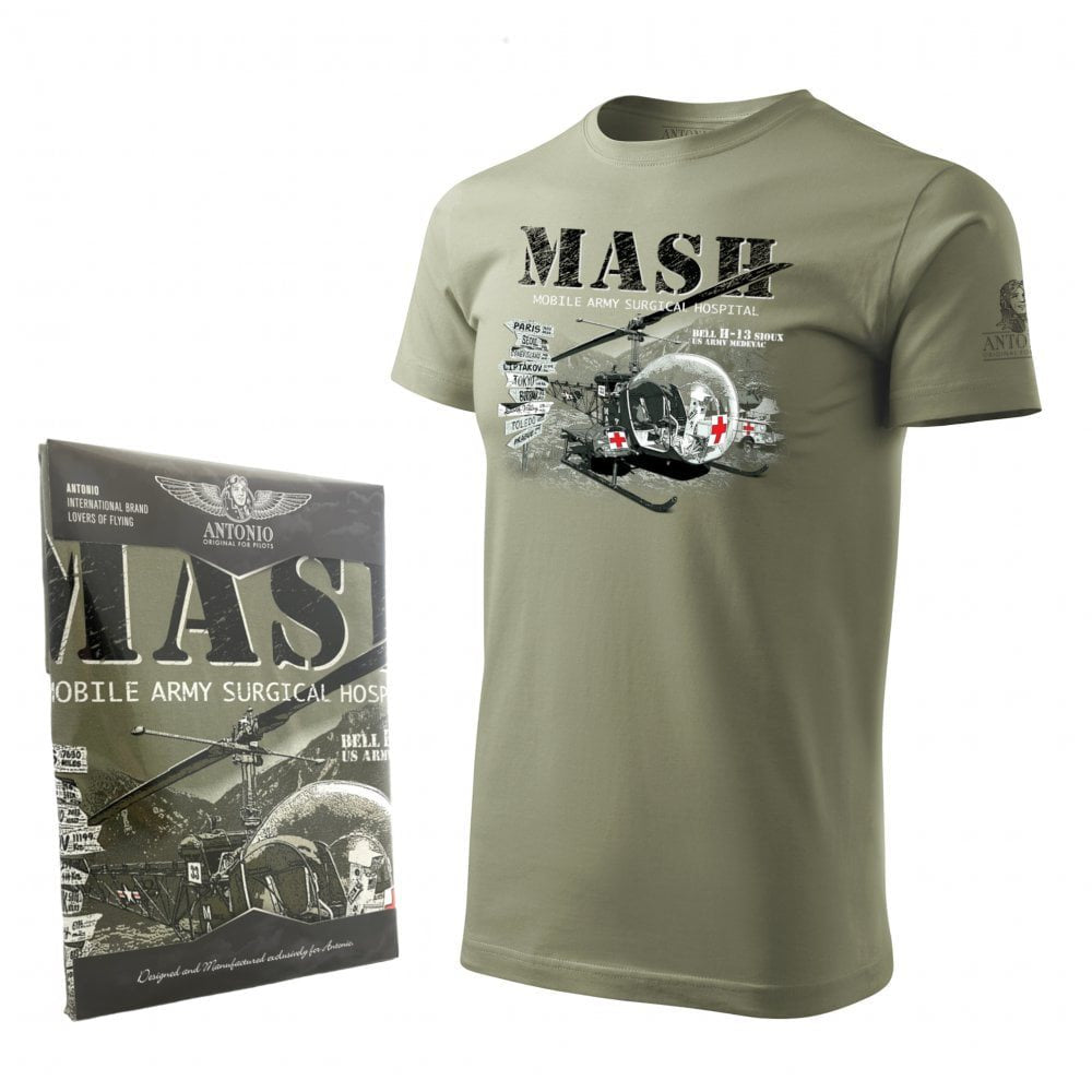 Camiseta BELL H-13 MASH verde con diseño del helicóptero Sioux, algodón 200 g/m²