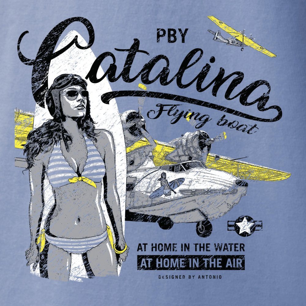 Camiseta azul con estampado del hidroavión PBY Catalina, algodón 200 g/m²