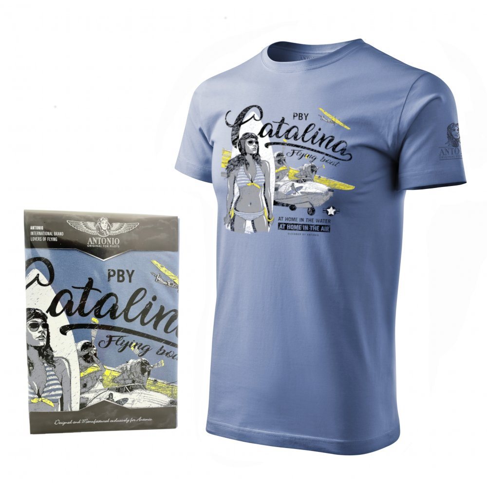 Camiseta azul con estampado del hidroavión PBY Catalina, algodón 200 g/m²