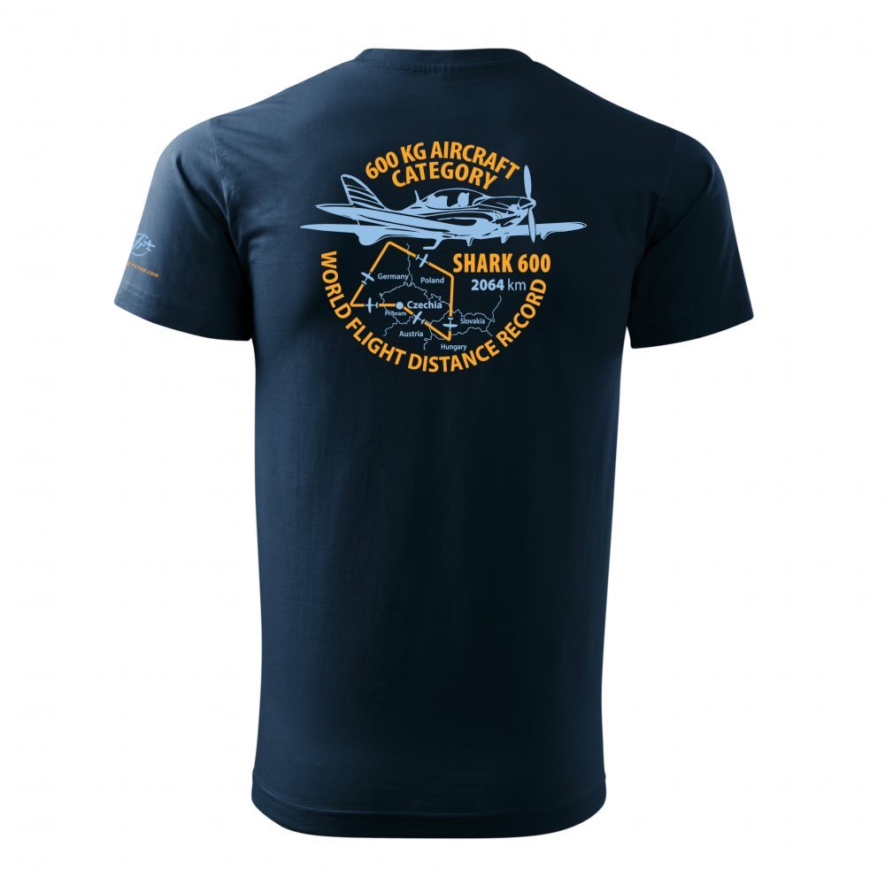 Camiseta azul relacionada con intento de récord de distancia en ultraligero, colaboración FLYING REVUE, gramaje 200 g/m²