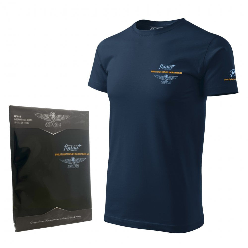 Camiseta azul relacionada con intento de récord de distancia en ultraligero, colaboración FLYING REVUE, gramaje 200 g/m²