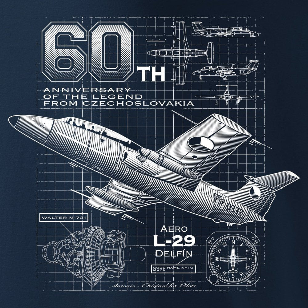 Camiseta azul L-29 Delfín con diseño de planos técnicos y texto conmemorativo del 60º aniversario, tejido 200 g/m²