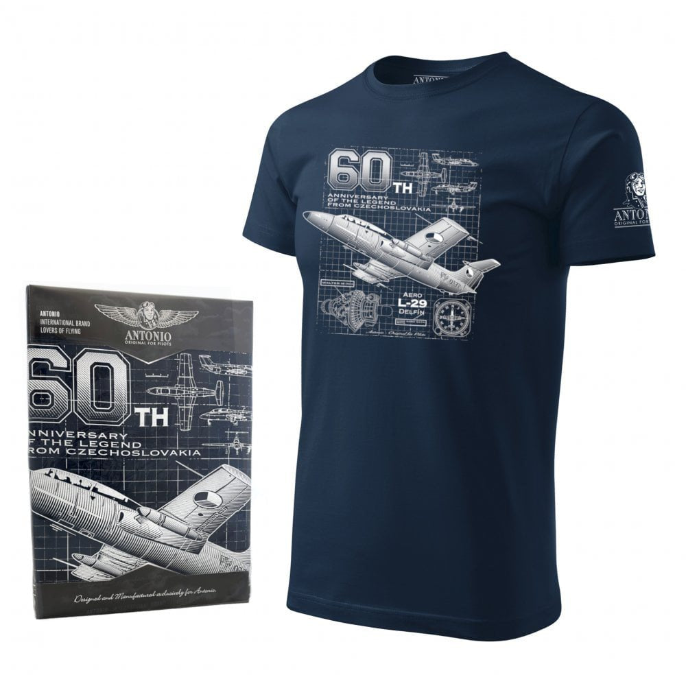 Camiseta azul L-29 Delfín con diseño de planos técnicos y texto conmemorativo del 60º aniversario, tejido 200 g/m²