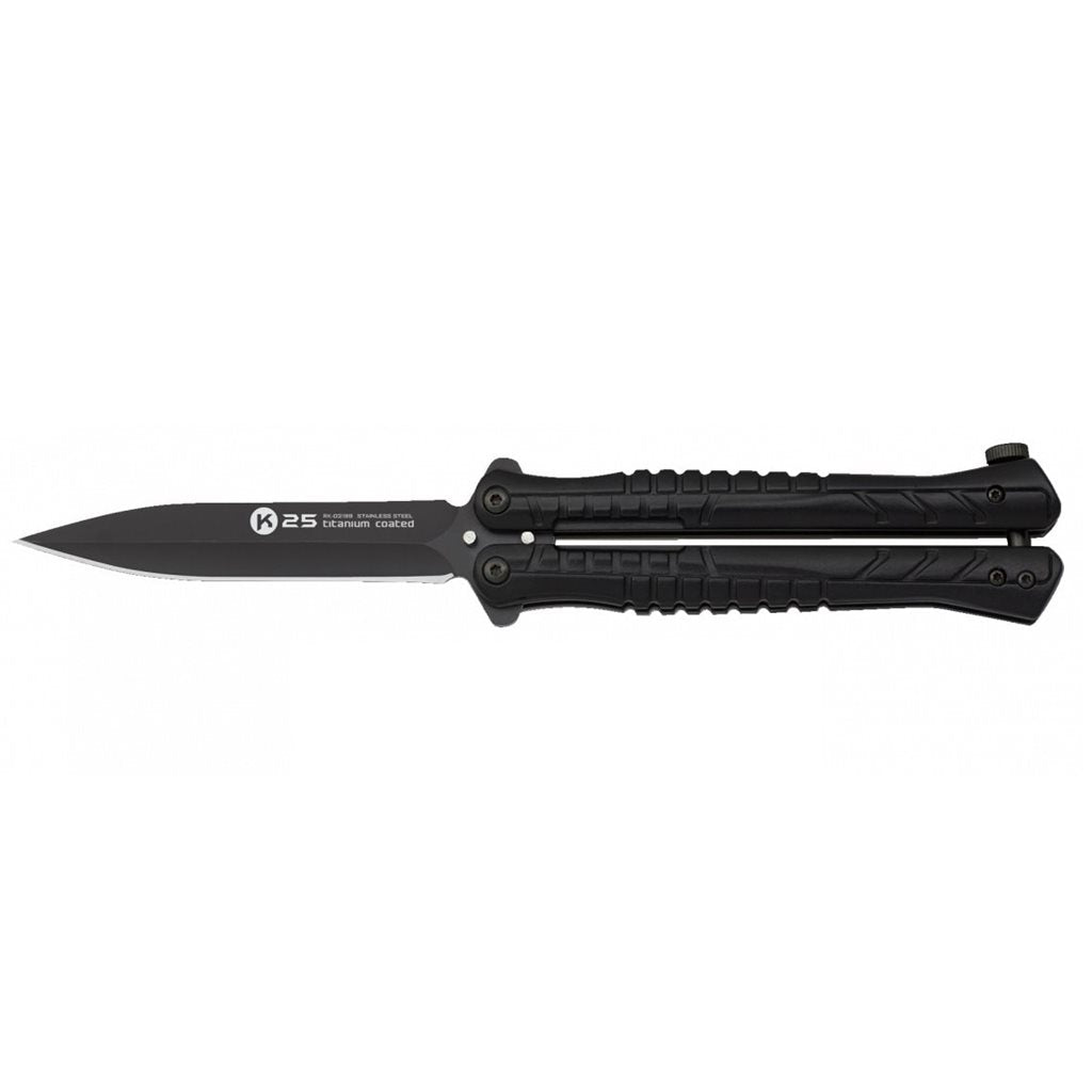 Cuchillo mariposa Albainox 02199 hoja lisa acero 7Cr17Mov recubrimiento titanio gris mango aluminio negro