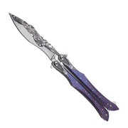 Navaja balisong morada 3D con hoja lisa de acero inoxidable y mango de acero