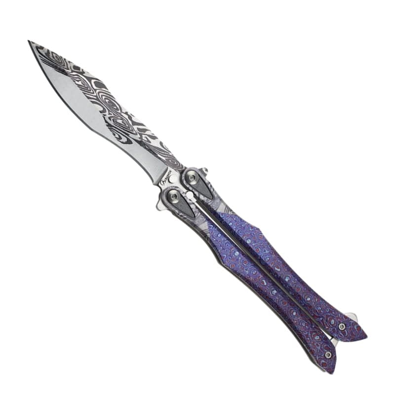 Navaja balisong morada 3D con hoja lisa de acero inoxidable y mango de acero