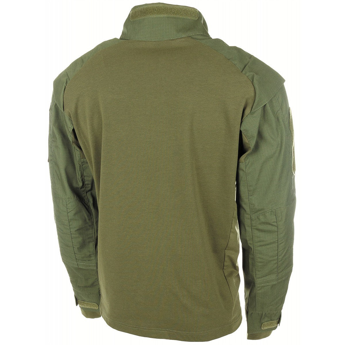 Camisa táctica UBACS verde con cuerpo de algodón, mangas y cuello rip-stop, 6 bolsillos y paneles velcro