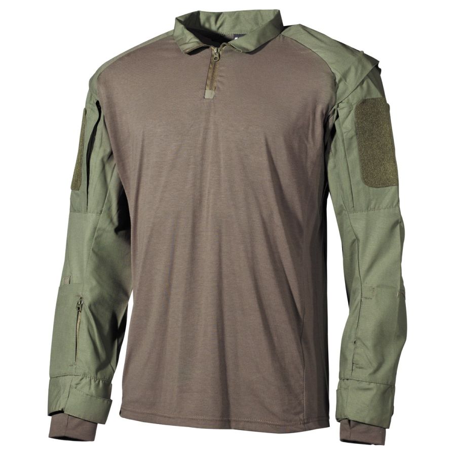 Camisa táctica UBACS verde con cuerpo de algodón, mangas y cuello rip-stop, 6 bolsillos y paneles velcro