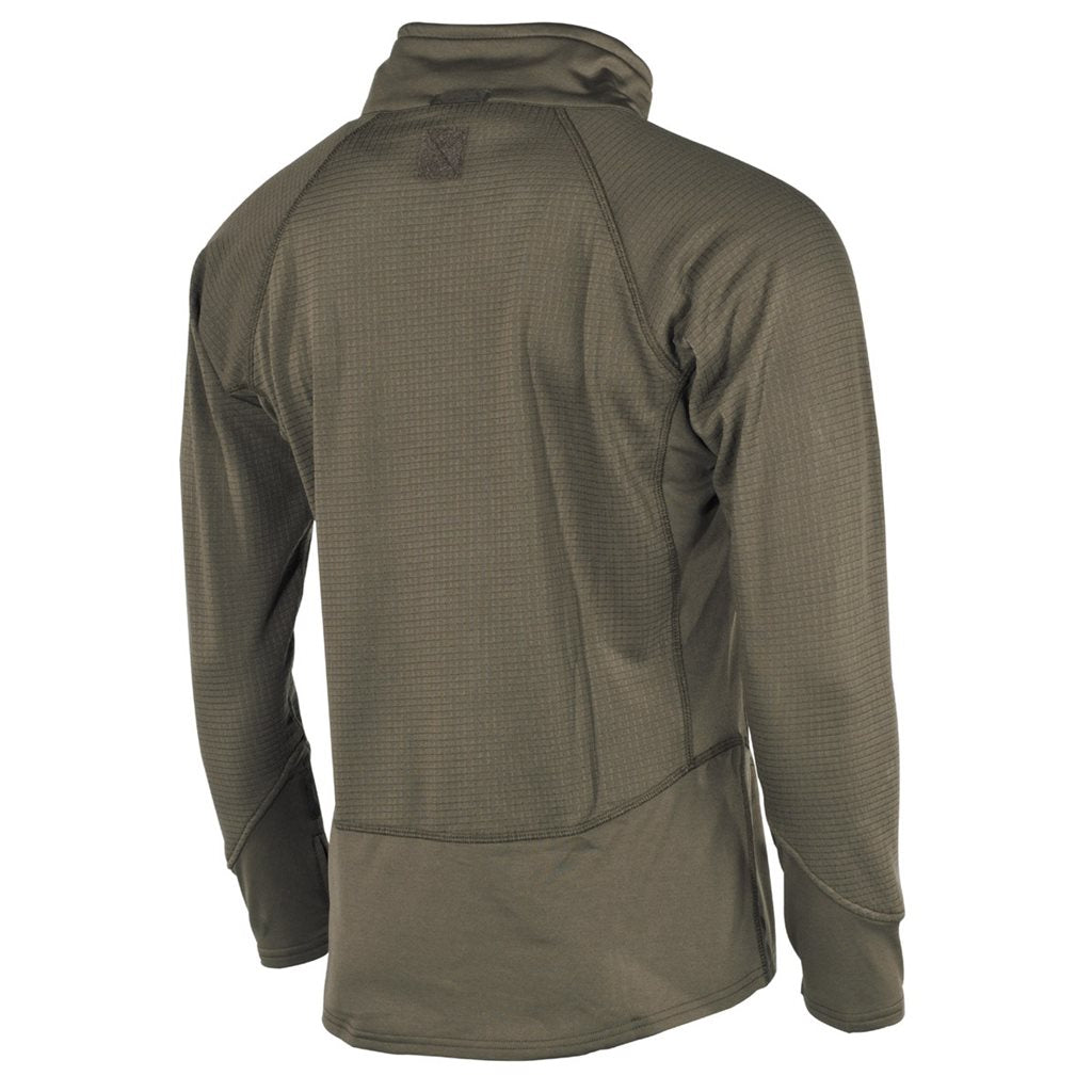 Camiseta táctica Termofleece verde con bolsillo frontal con cremallera, pasadores para pulgar y cuello alzado