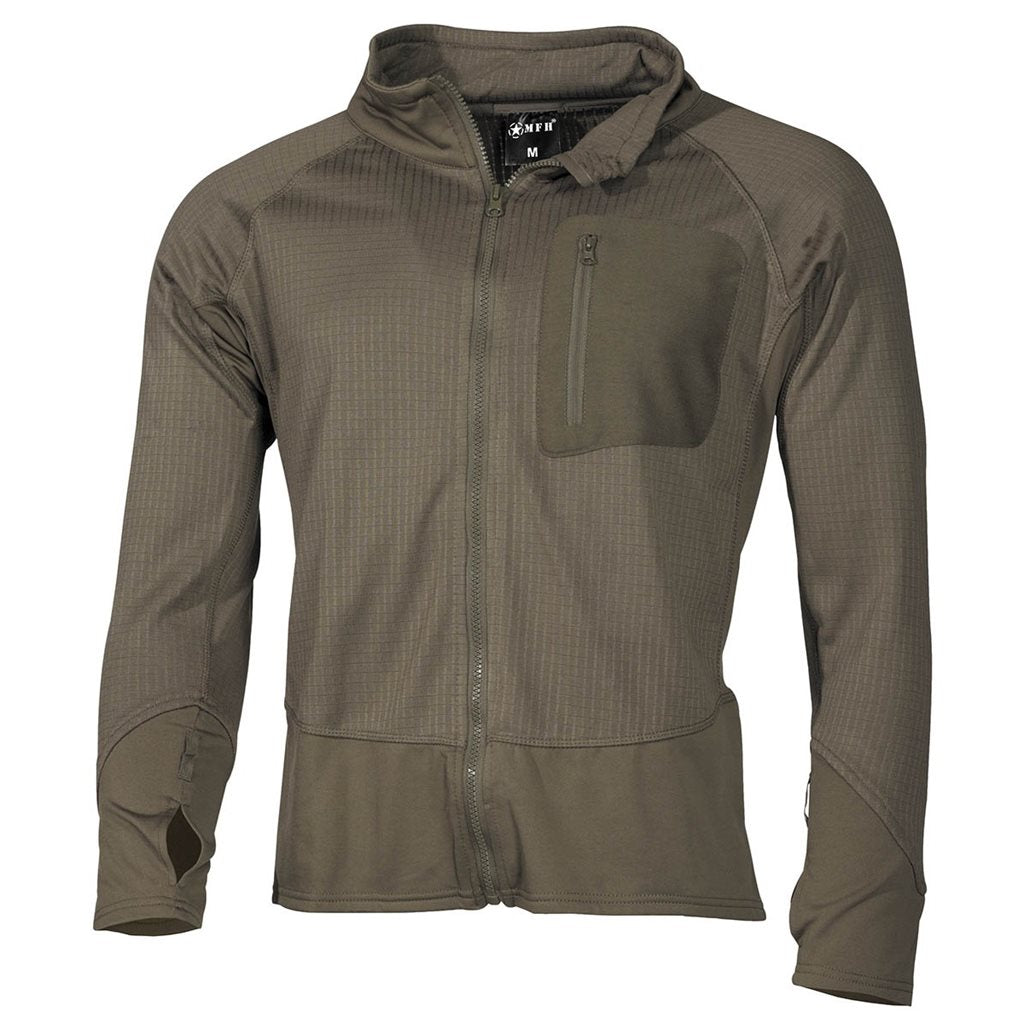 Camiseta táctica Termofleece verde con bolsillo frontal con cremallera, pasadores para pulgar y cuello alzado