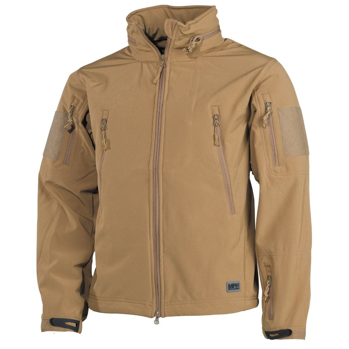 Chaqueta softshell SCORPION Coyote en camuflaje, vista frontal con cremallera