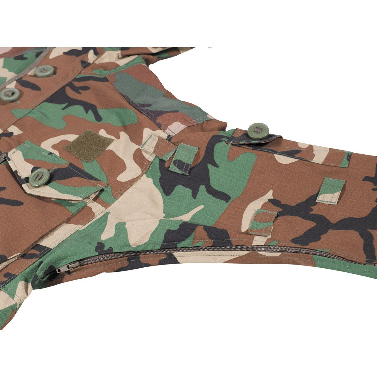 Chaqueta Commando Smock Woodland MFH en camuflaje, con capucha y múltiples bolsillos prácticos