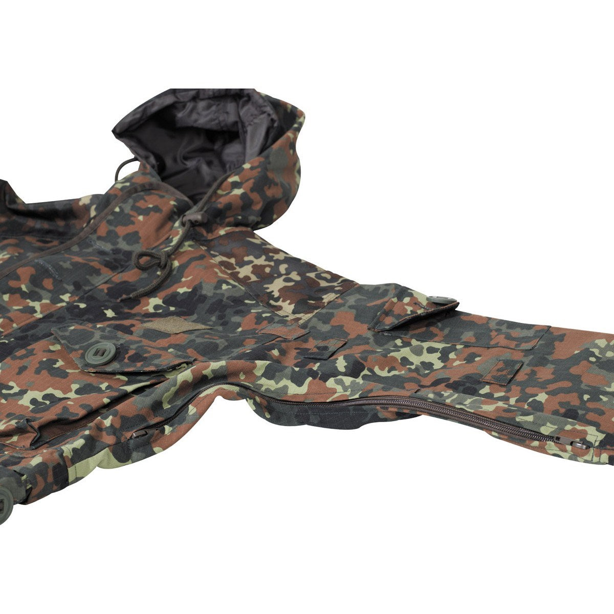 Chaqueta Commando Smock Flecktarn MFH, vista con capucha y bolsillos